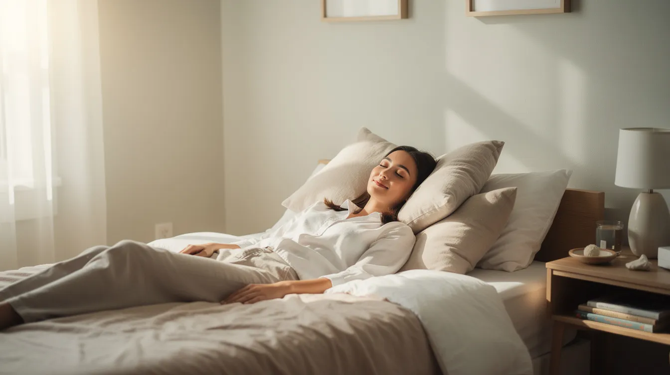 A woman is comfortably reclined on pillows in a bright bedroom, suggesting a restful recovery period following breast augmentation surgery. She appears relaxed, indicating she is likely following aftercare instructions to promote healing during the first few weeks post-op.