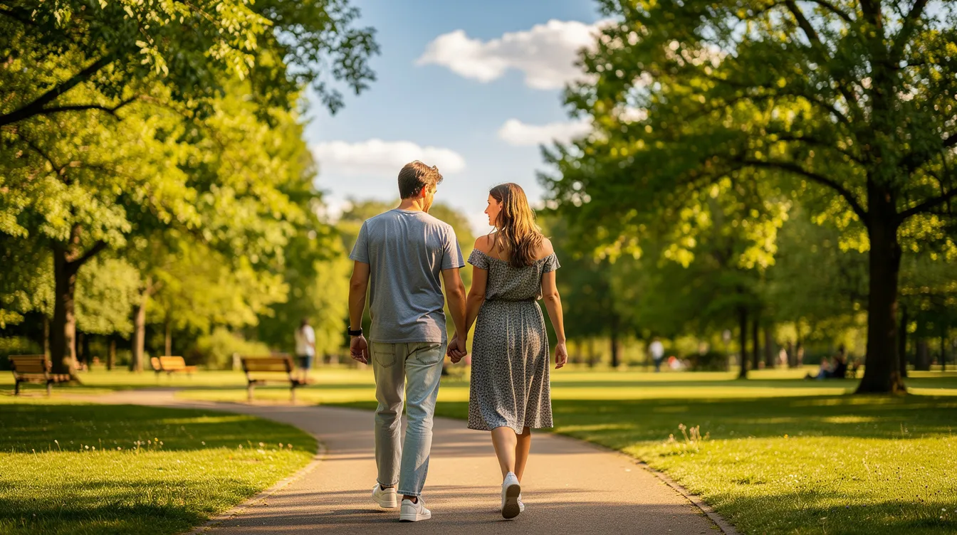 Two people, a woman and a man, walk side by side through a lush green park on a sunny day, enjoying each other's company and engaging in conversation about life and relationships, reflecting the importance of respect and equality in romantic partnerships. This scene captures a moment of connection that could symbolize the dating life of individuals who value open-mindedness and feminist principles.