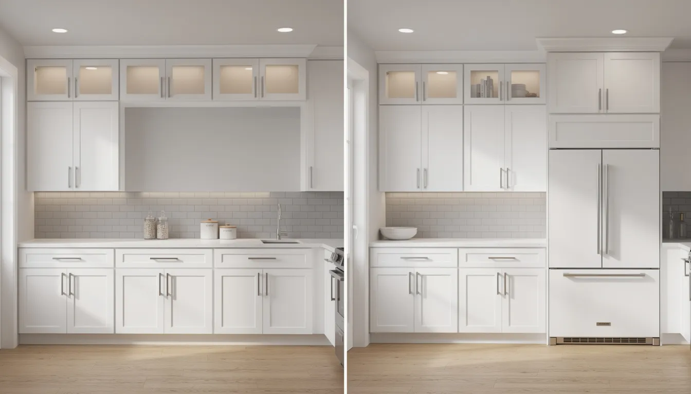The image shows a side-by-side comparison of two kitchen designs: on one side, standard 30-inch upper cabinets, and on the other, elegant floor-to-ceiling white shaker cabinets that extend to a 96-inch ceiling. The latter maximizes vertical space and storage, creating a beautiful and functional kitchen that feels more open and inviting, perfect for small kitchen ideas.