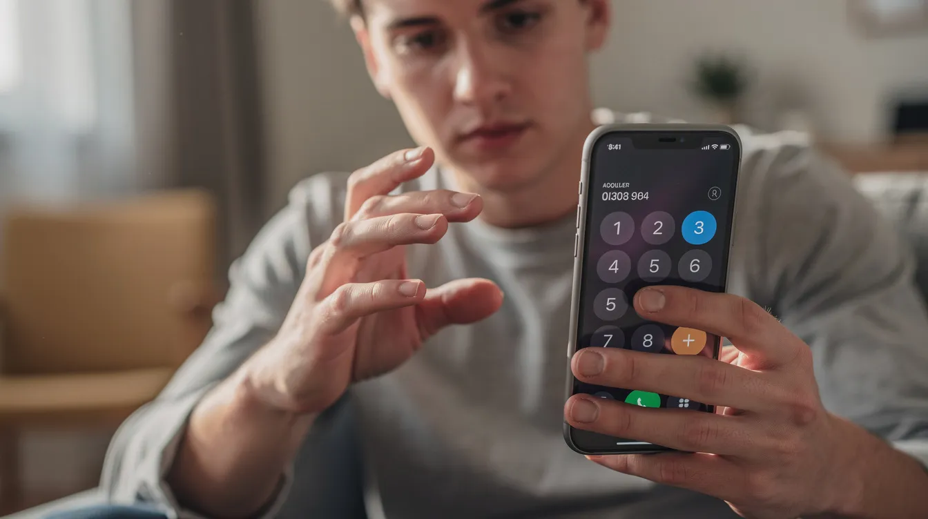 A person is counting on their fingers while focused on a smartphone screen, possibly checking a Czech phone number or dialing code for international calls. The scene reflects modern communication practices in the Czech Republic and Central Europe.