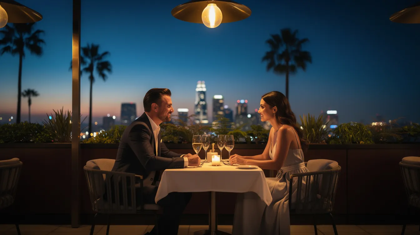 The image depicts a romantic evening at a fancy restaurant in Los Angeles, where a couple is enjoying a candlelit dinner, surrounded by elegant decor. This setting captures the essence of the dating scene in LA, perfect for singles looking to connect over a meal and explore potential romance.