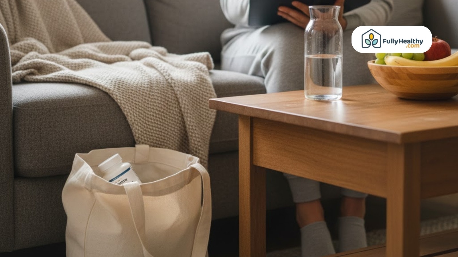 Supplement bottle inside tote bag beside water and fruit