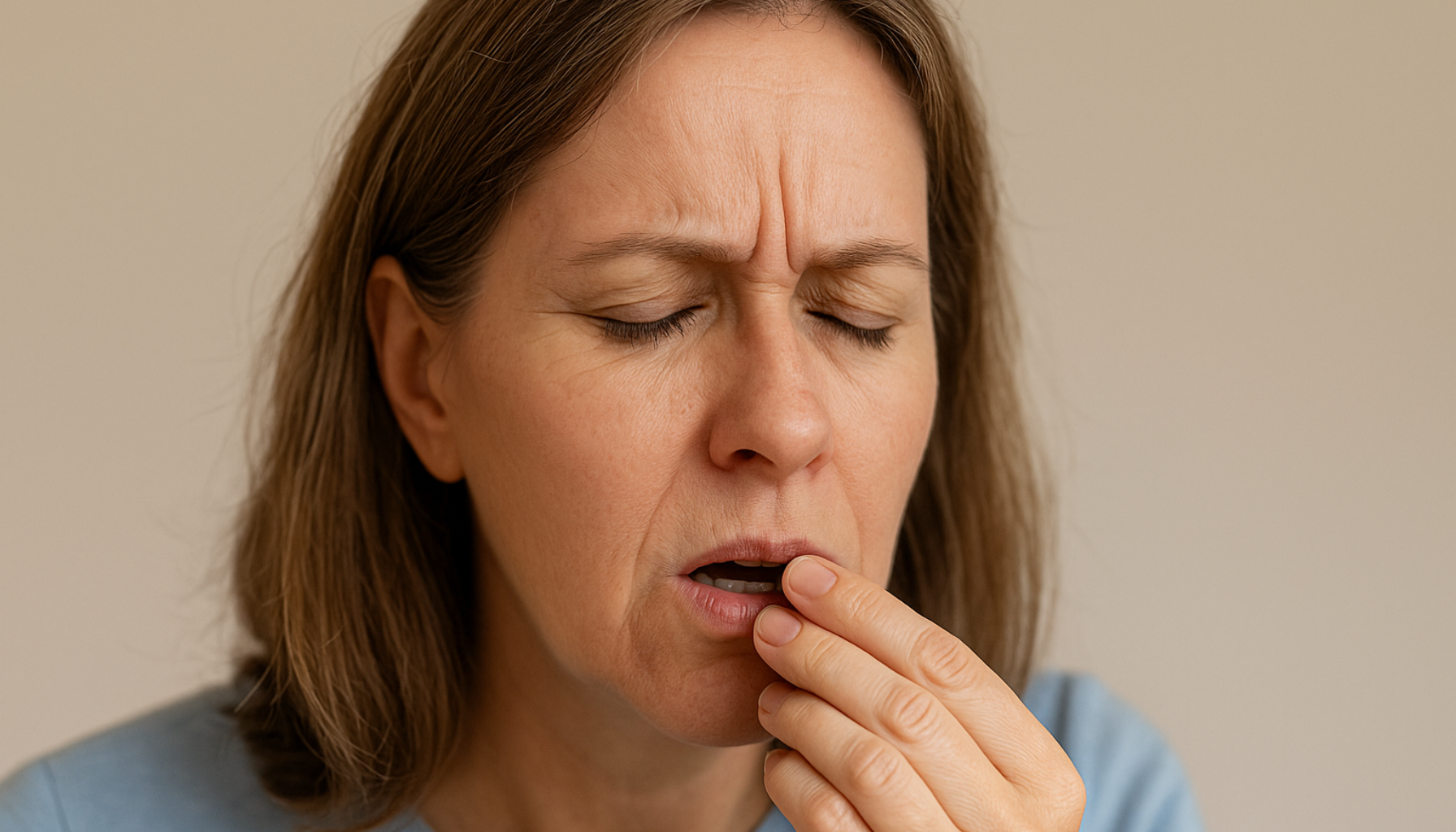 Kvinne med ubehag holder hånden mot munnen, et vanlig symptom på tørr munn ved Sjögrens syndrom."