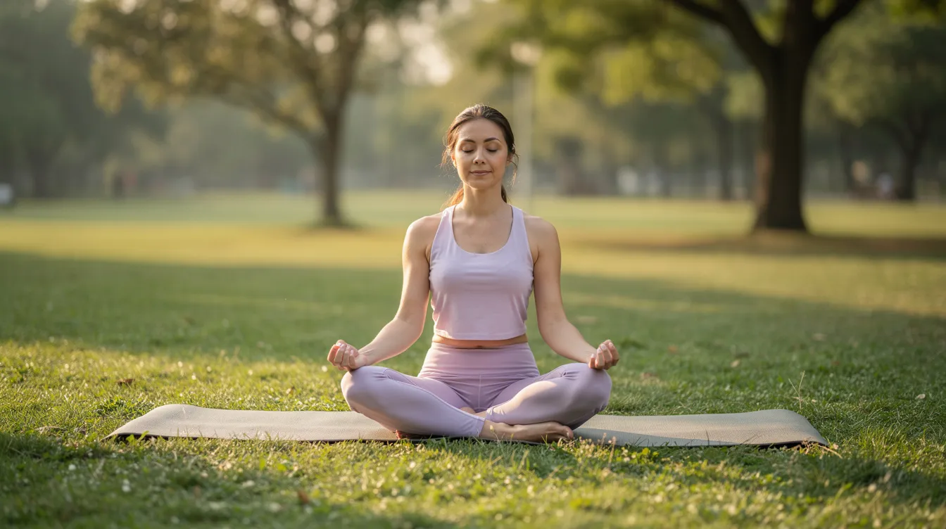 Une femme pratique du yoga doux dans un parc, adoptant une posture de relaxation qui favorise la détente et le bien-être. Cette activité peut aider à soulager les douleurs liées à l'endométriose et à améliorer la qualité de vie des femmes souffrant de symptômes pendant les règles.