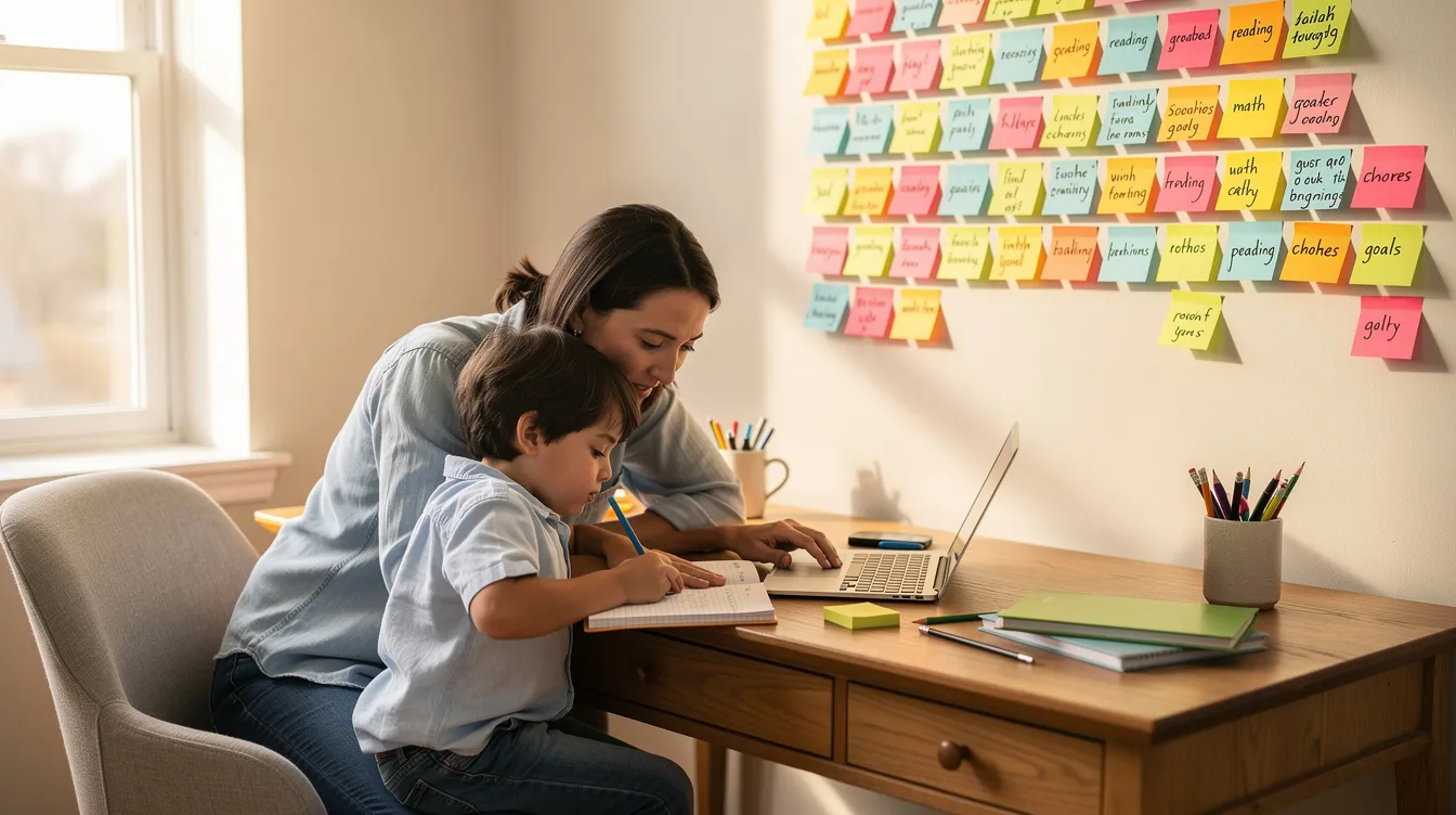 A parent and child are sitting together in a cozy home study area, surrounded by colorful sticky notes on the wall, which create an engaging learning environment. This scene highlights the importance of parental involvement in education, as they explore various teaching methods to enhance the child's learning and development.