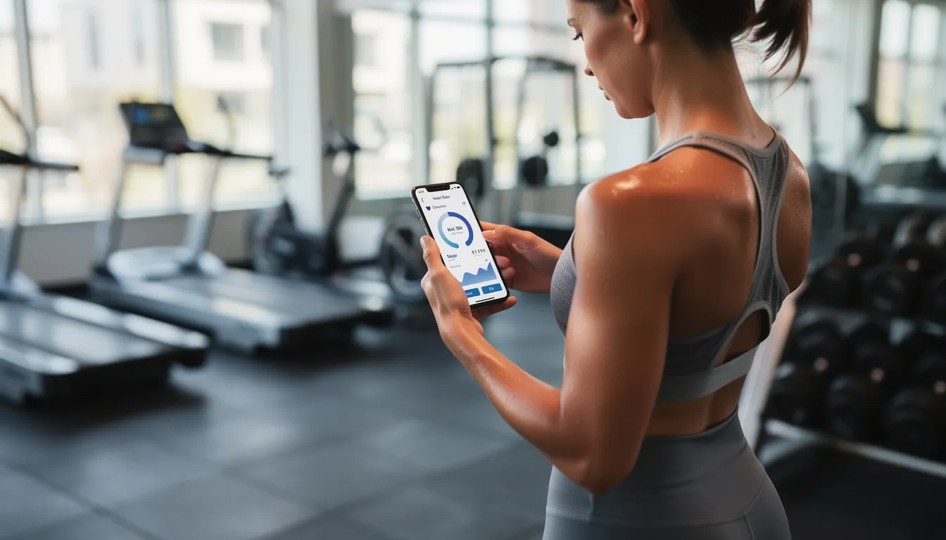 A person is checking a health app on their smartphone while at a gym, surrounded by various exercise equipment. The scene highlights the importance of tracking health and performance as part of a fitness routine.