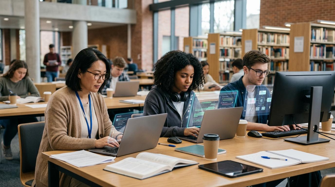 Professional university workspace visualizing AI assisting educators with grading while simultaneously helping students strengthen writing, research, and critical thinking skills.
