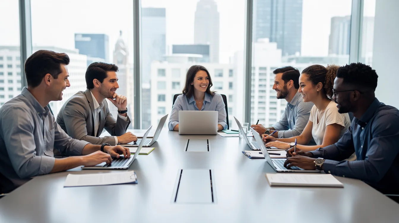 A diverse team of young professionals is collaborating around a conference table, actively engaging with laptops and discussing ideas. This scene reflects the importance of entry-level talent in the job market and highlights the role of AI tools in enhancing critical thinking and teamwork among early career professionals.