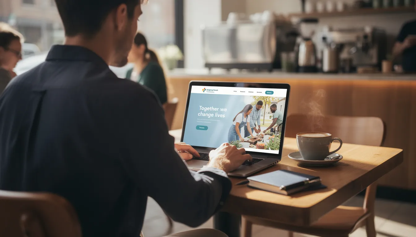 A person is seated at a coffee shop, intently using a laptop to browse a nonprofit's planned giving program website, exploring options like charitable gift annuities and legacy gifts to make a lasting impact. The cozy atmosphere suggests a focus on thoughtful charitable donations and financial benefits for prospective donors.