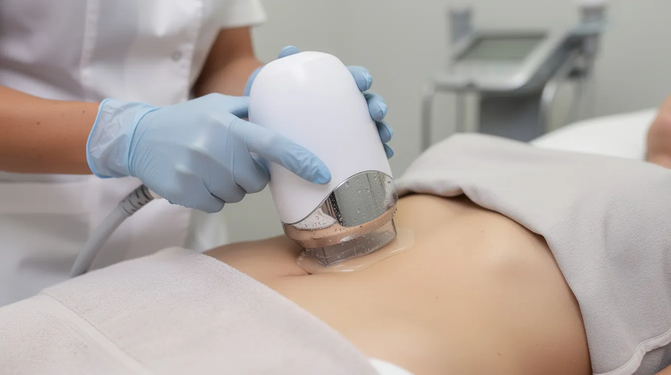 A clinician is applying a cooling applicator to a patient's abdomen during a fat freezing session, a non-surgical fat reduction procedure designed to target and destroy stubborn fat cells. The close-up view highlights the precision of the treatment as part of body sculpting efforts to achieve desired results without requiring surgery.