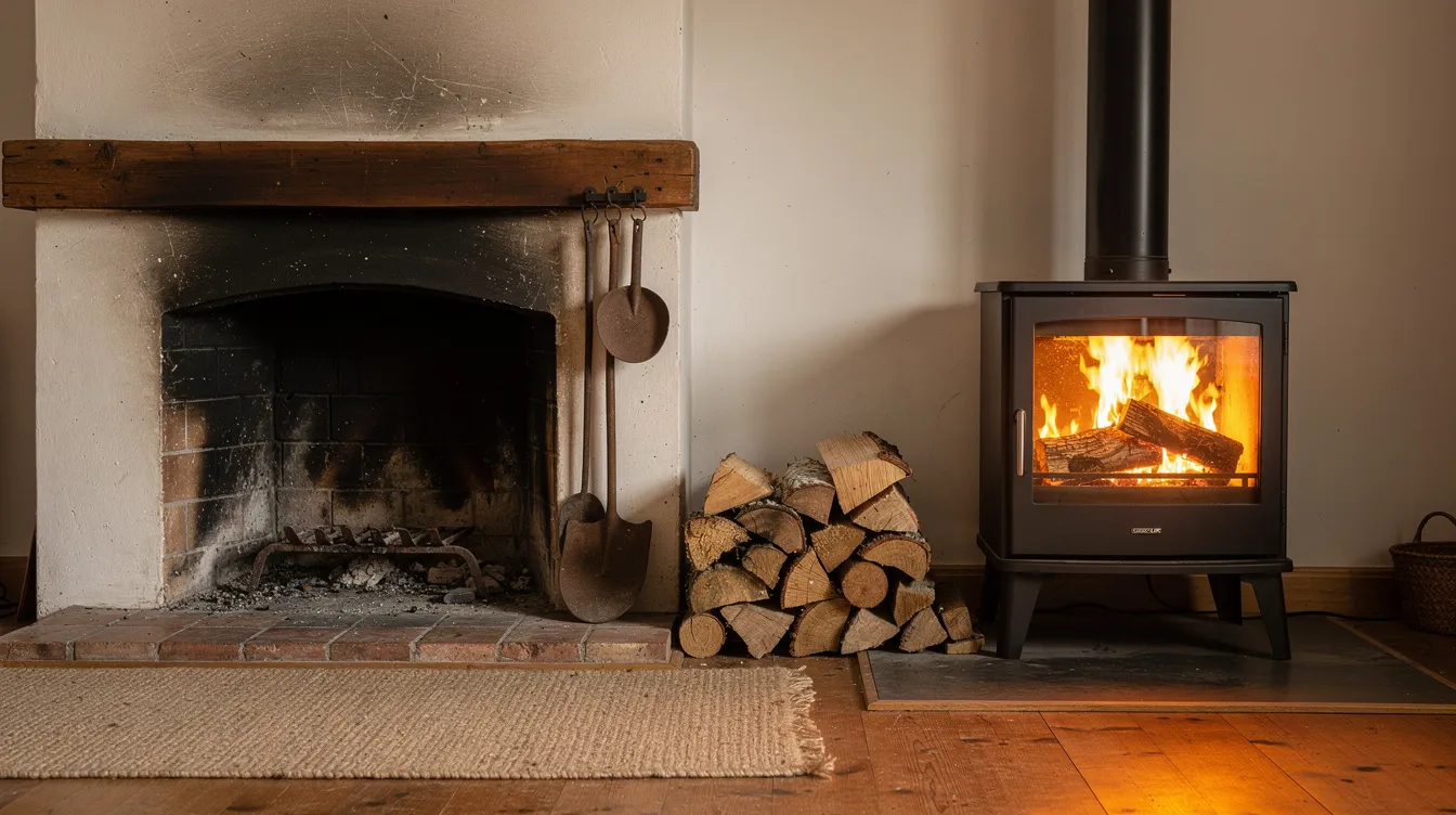 De afbeelding toont een traditionele open haard naast een moderne vrijstaande houtkachel met een glazen deur. Deze combinatie van oude en nieuwe stookmethoden illustreert de overgang naar milieuvriendelijker verwarmen, waarbij moderne houtkachels voldoen aan strengere emissie eisen voor schonere lucht.