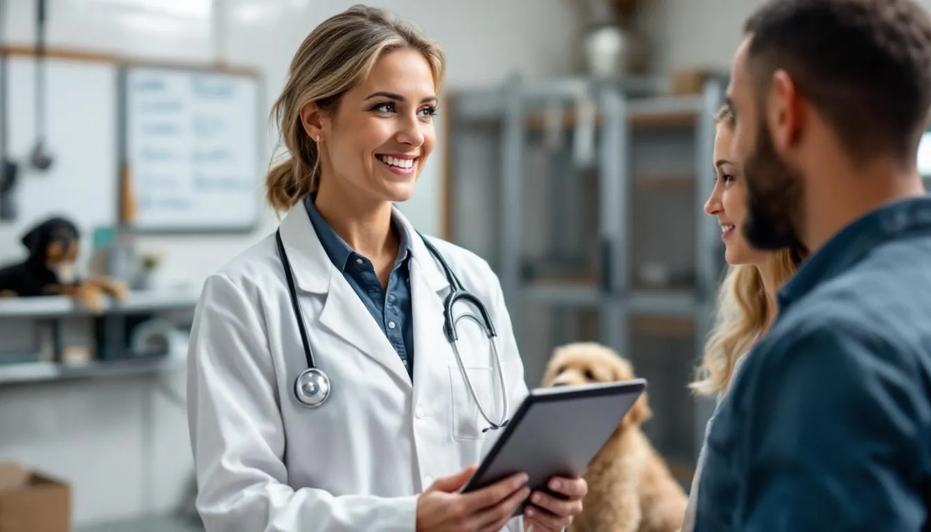 A professional breeder is engaged in a discussion with prospective goldendoodle owners, reviewing genetic testing results that highlight the unique characteristics of various goldendoodle generations, including coat types such as curly, wavy, and straight. The breeder emphasizes the importance of genetic diversity and the hypoallergenic qualities of the goldendoodle, which is a hybrid breed combining traits from purebred golden retrievers and poodles.