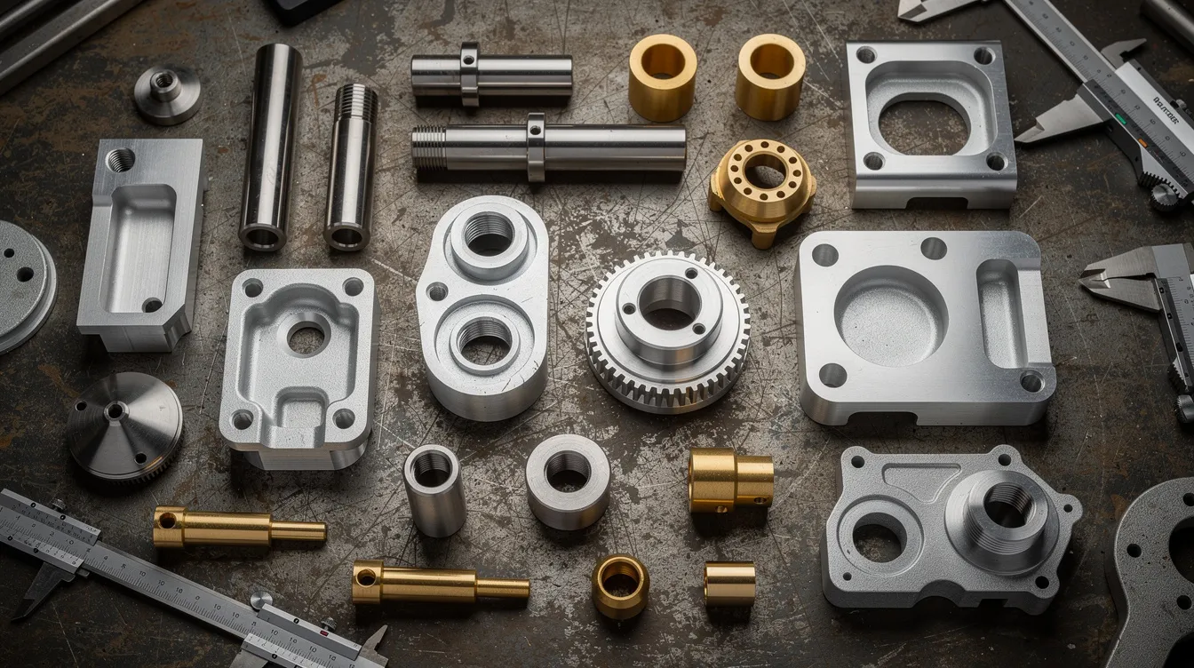An assortment of precision CNC machined metal parts, including components made from aluminum, stainless steel, brass, and titanium, is displayed on a workshop table, showcasing the intricate designs and sharp edges typical of advanced CNC manufacturing processes. The variety of materials highlights the capabilities of CNC equipment in producing custom parts with extreme precision.