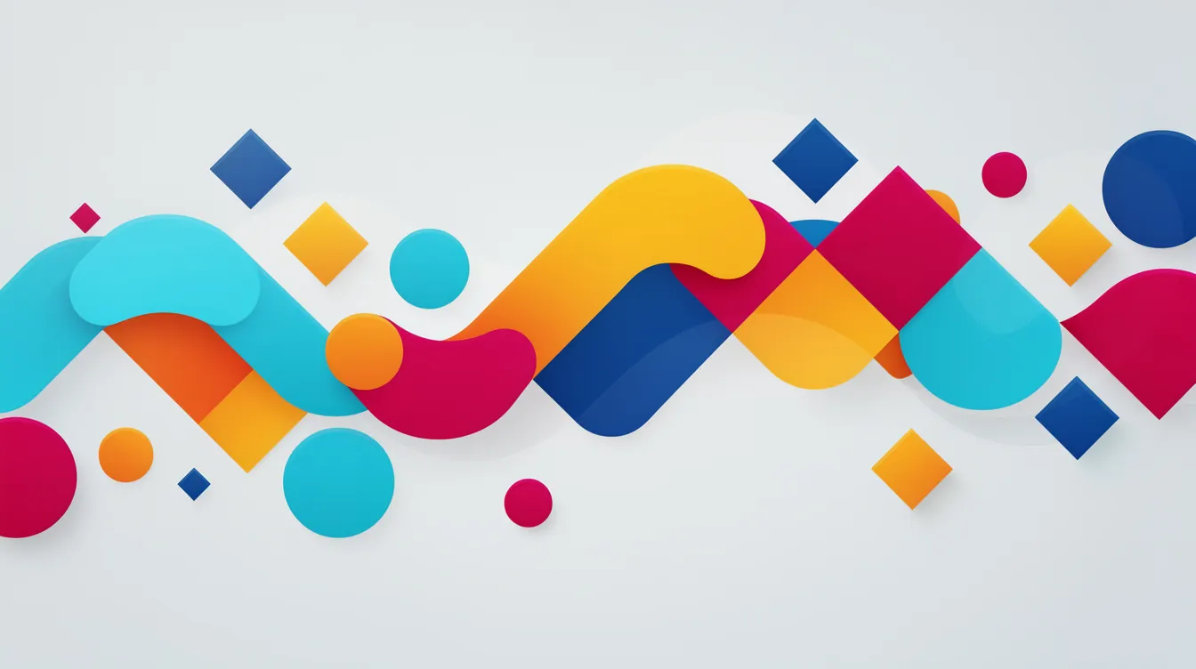 The image features a vibrant arrangement of geometric shapes, including circles, rounded rectangles, and diamond shapes, flowing gracefully across a clean background. This design can represent complex process semantics, akin to business process diagrams used in business process management initiatives.