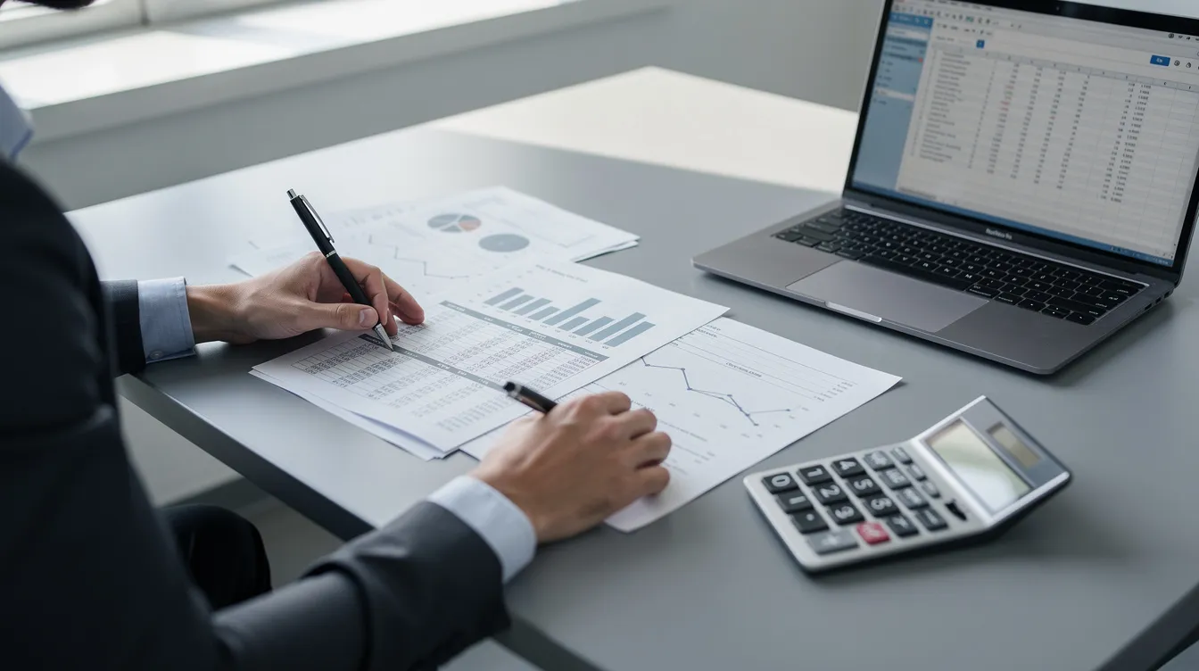A person is seated at a desk, intently reviewing financial documents while using a calculator and a laptop, suggesting a focus on administrative tasks often associated with 公務員嘅角色喺服務環境中。