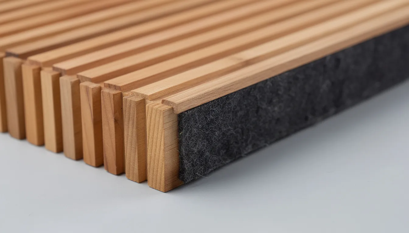 Close-up van akoestische houten panelen met een zichtbare viltlaag aan de achterkant, die een moderne uitstraling en warme uitstraling aan de woonkamer geven. Deze wandpanelen zijn een stijlvolle toevoeging achter de tv en dragen bij aan een verbeterde geluidskwaliteit en akoestiek.