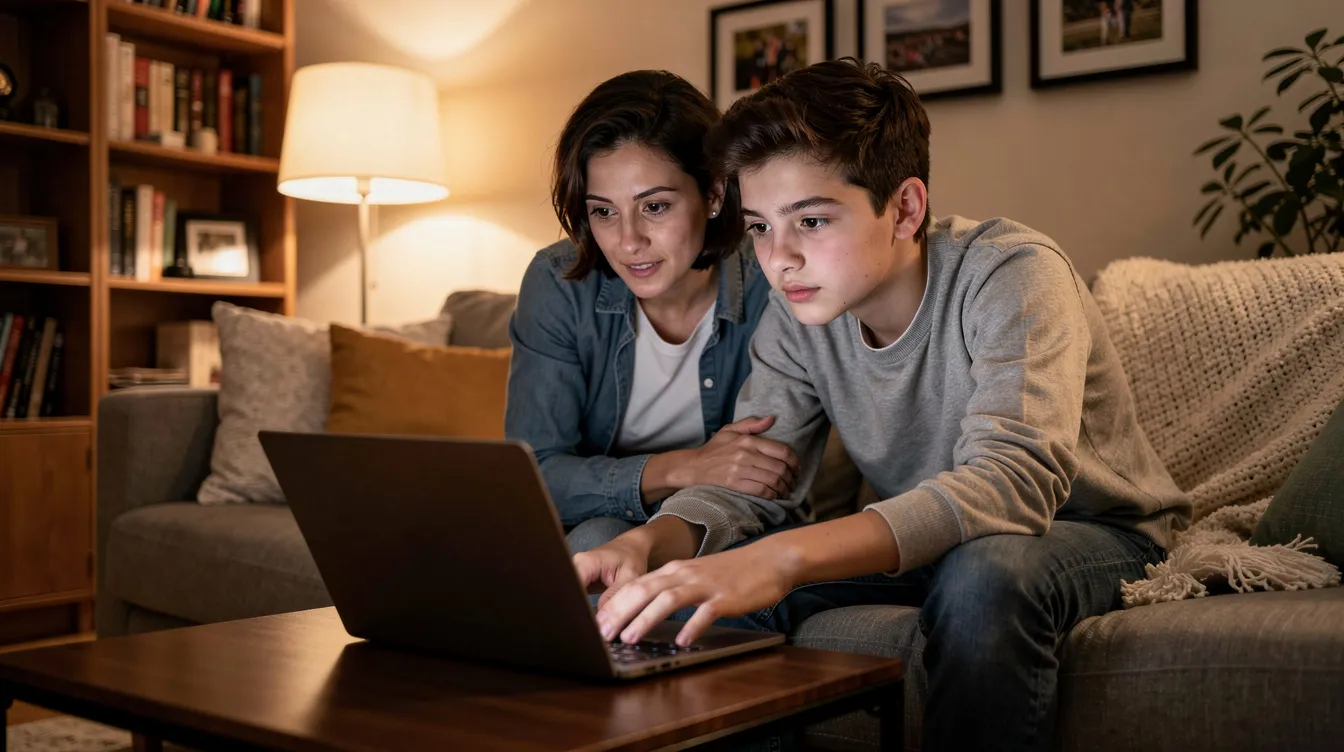 A parent and teenager sit together in a cozy living room, focused on a laptop screen as they research online therapy options for teens. Their collaborative effort highlights the importance of mental health support and navigating life's challenges together in a safe and confidential space.