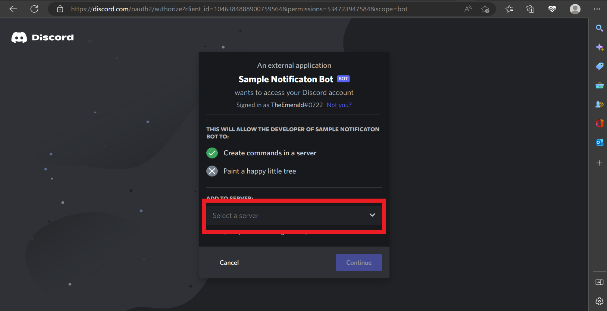 The verification window for linking a Discord bot to a server.