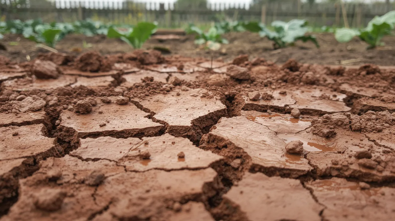 L'image montre un sol argileux humide dans un jardin rural, avec des fissures de retrait visibles à la surface, illustrant les enjeux liés à l'assainissement et à l'aménagement des terrains. Ce type de sol peut poser des problèmes pour les projets de construction et nécessite une attention particulière pour garantir la santé de la propriété et de l'environnement.