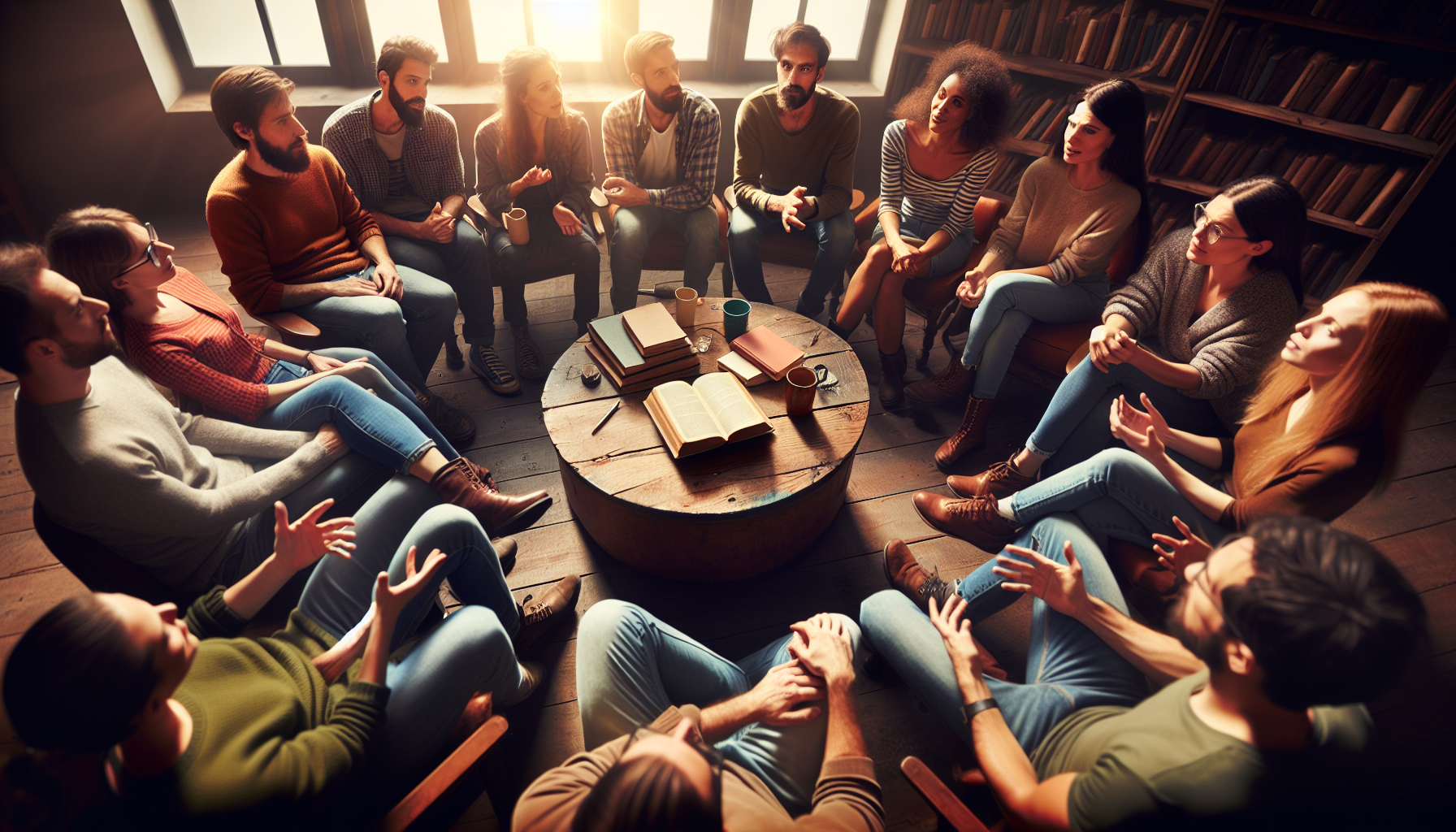 Diverse group of people engaged in a lively book club discussion