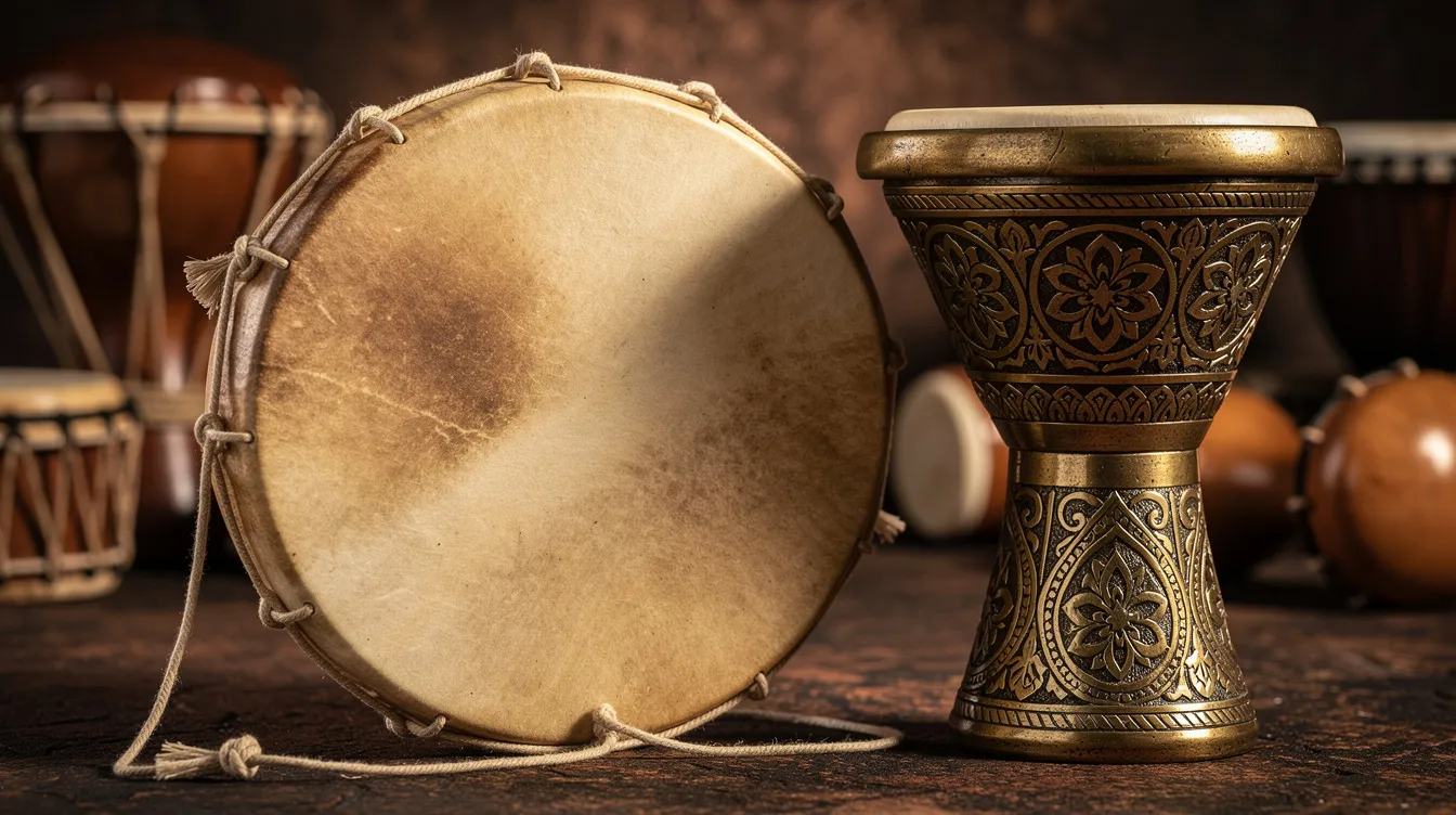 A close-up view of traditional Moroccan percussion instruments, featuring a bendir and a derbouka, showcases their intricate designs and vibrant textures. These essential Moroccan instruments are vital to the rich tapestry of Moroccan music, reflecting the country's diverse musical heritage and cultural traditions.