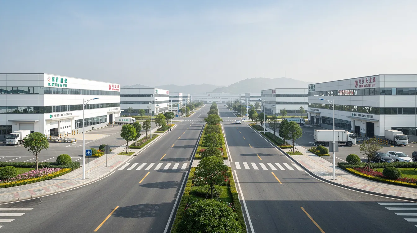 The image depicts a modern industrial park in Dongguan, China, featuring sleek factory buildings surrounded by landscaped roads. This setting is indicative of advanced manufacturing practices, including sheet metal fabrication and precision CNC machining, which support various industries such as automotive and consumer electronics.
