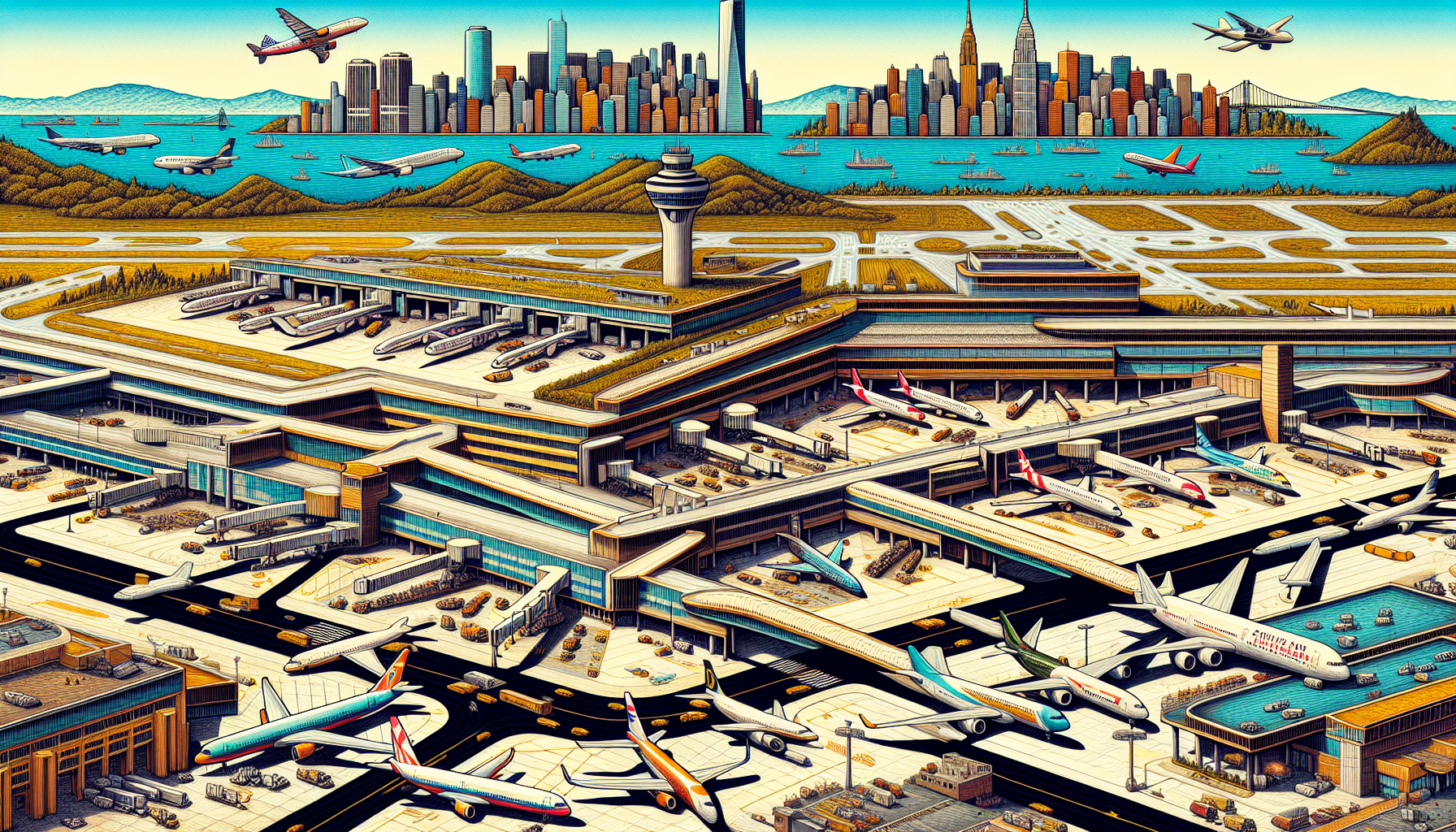 Illustration of major airports in New York and San Francisco.