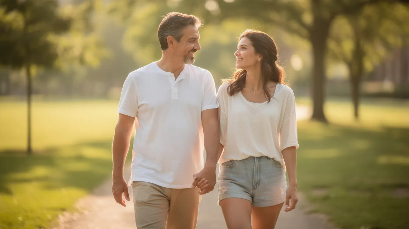 A relaxed couple is holding hands while walking outdoors, enjoying each other's company and fostering their emotional connection. This intimate moment highlights their physical affection and the importance of honest communication in a romantic relationship.