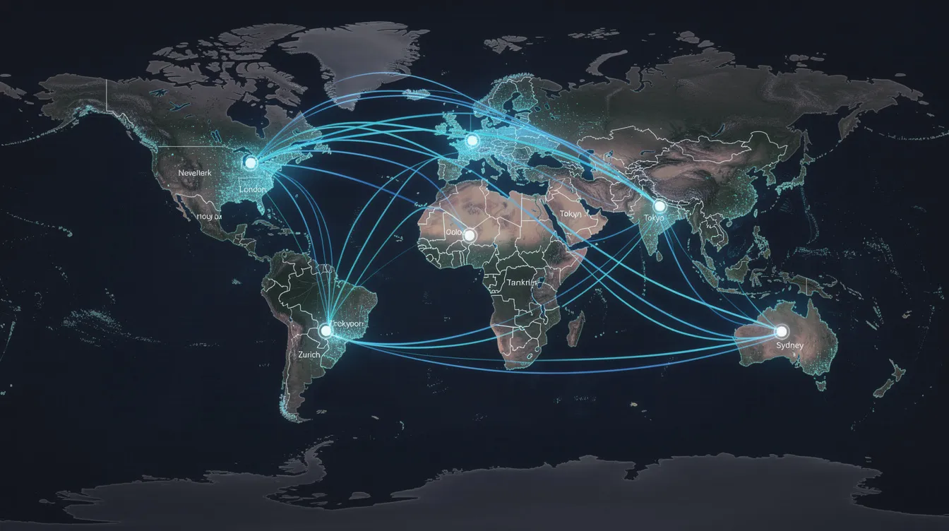 The image depicts a world map illuminated with glowing lines connecting major financial cities, symbolizing international wire transfer routes. This visual representation highlights the global network of financial institutions, enabling cross-border payments and showcasing the commitment of banks like Standard Chartered to support clients in managing their international bank accounts.