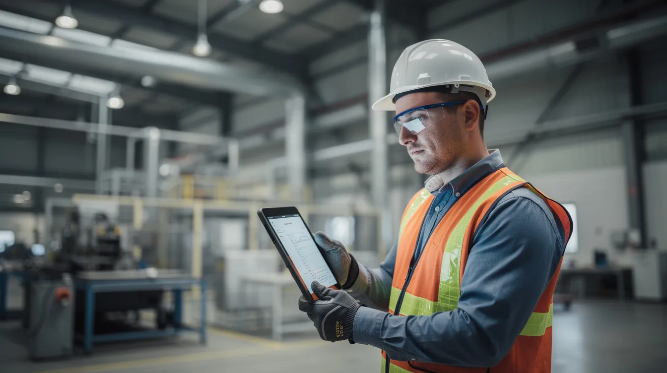 A professional using apprentice tracking software on a tablet device in an industrial workplace.