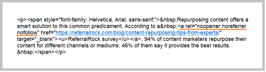 An example of an HTML code of a no-follow backlink