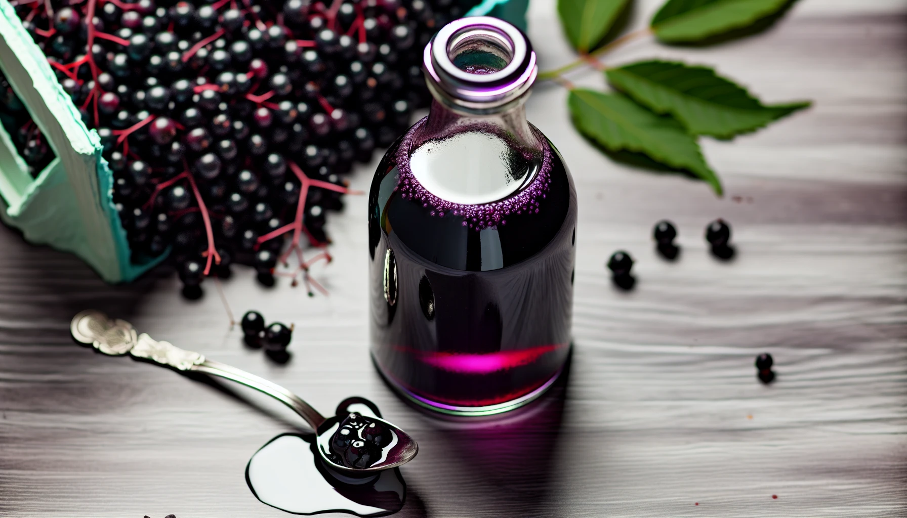 Bottle of elderberry syrup and fresh elderberries