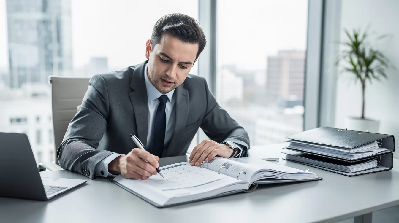 The image shows a professional, likely a trademark attorney, meticulously reviewing a calendar and a legal binder in a modern office setting, emphasizing the importance of organization in the trademark registration process and intellectual property management. The environment conveys a sense of professionalism and focus on trademark law and legal protection.