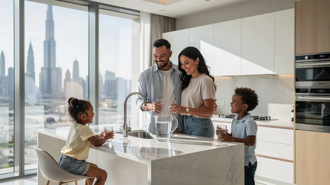 A happy family is gathered in a modern Dubai kitchen, enjoying the benefits of clean water, which highlights the importance of regular water tank cleaning services for maintaining water quality. The bright and inviting atmosphere reflects a safe and healthy environment, essential for their family's well-being.