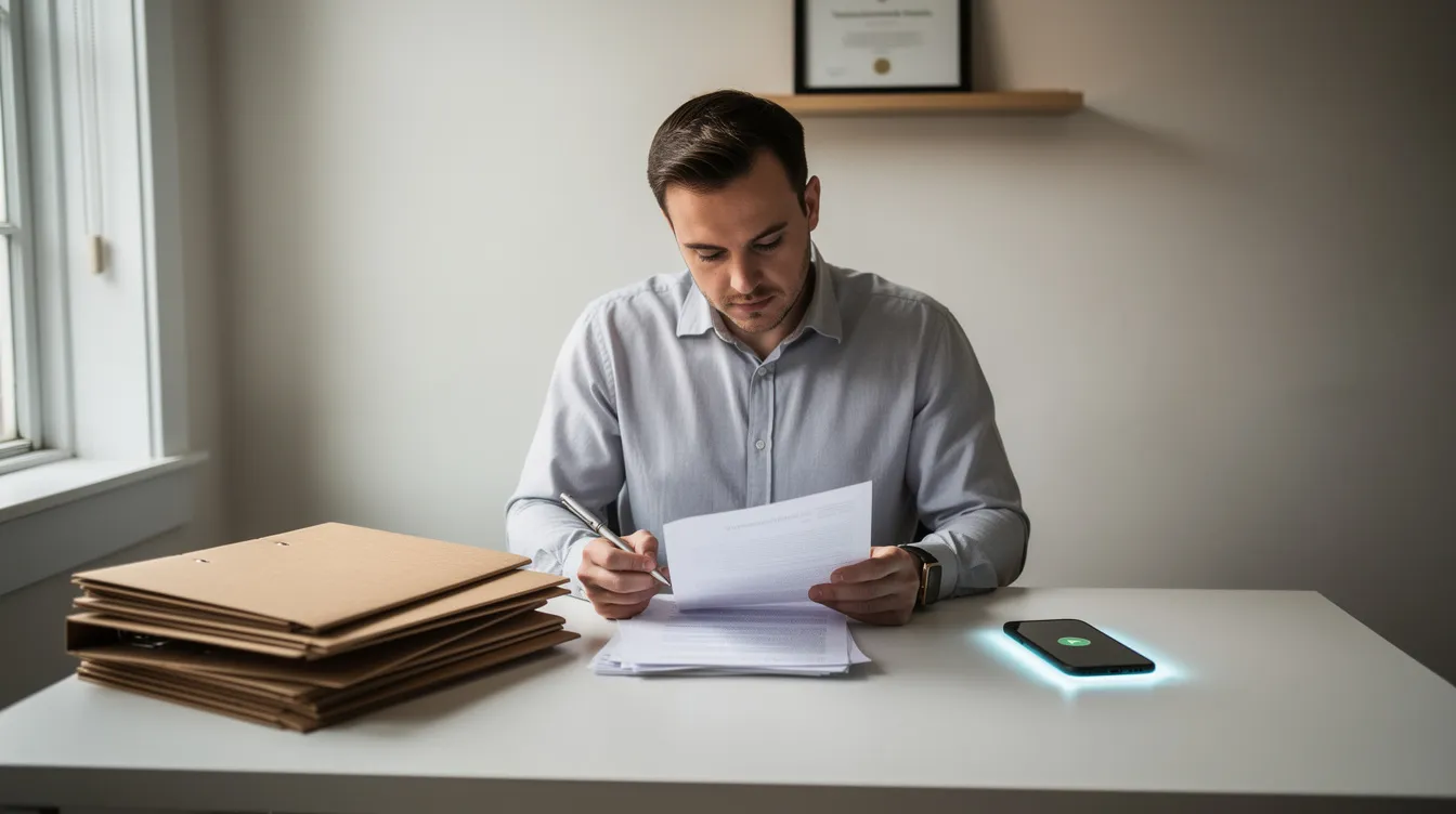 A small business owner sits at a simple desk, surrounded by files and a mobile phone, reviewing paperwork related to their mudra loan application. The scene reflects the process of managing business finances, highlighting the importance of thorough documentation and communication with banks for loan approval and consumer protection.