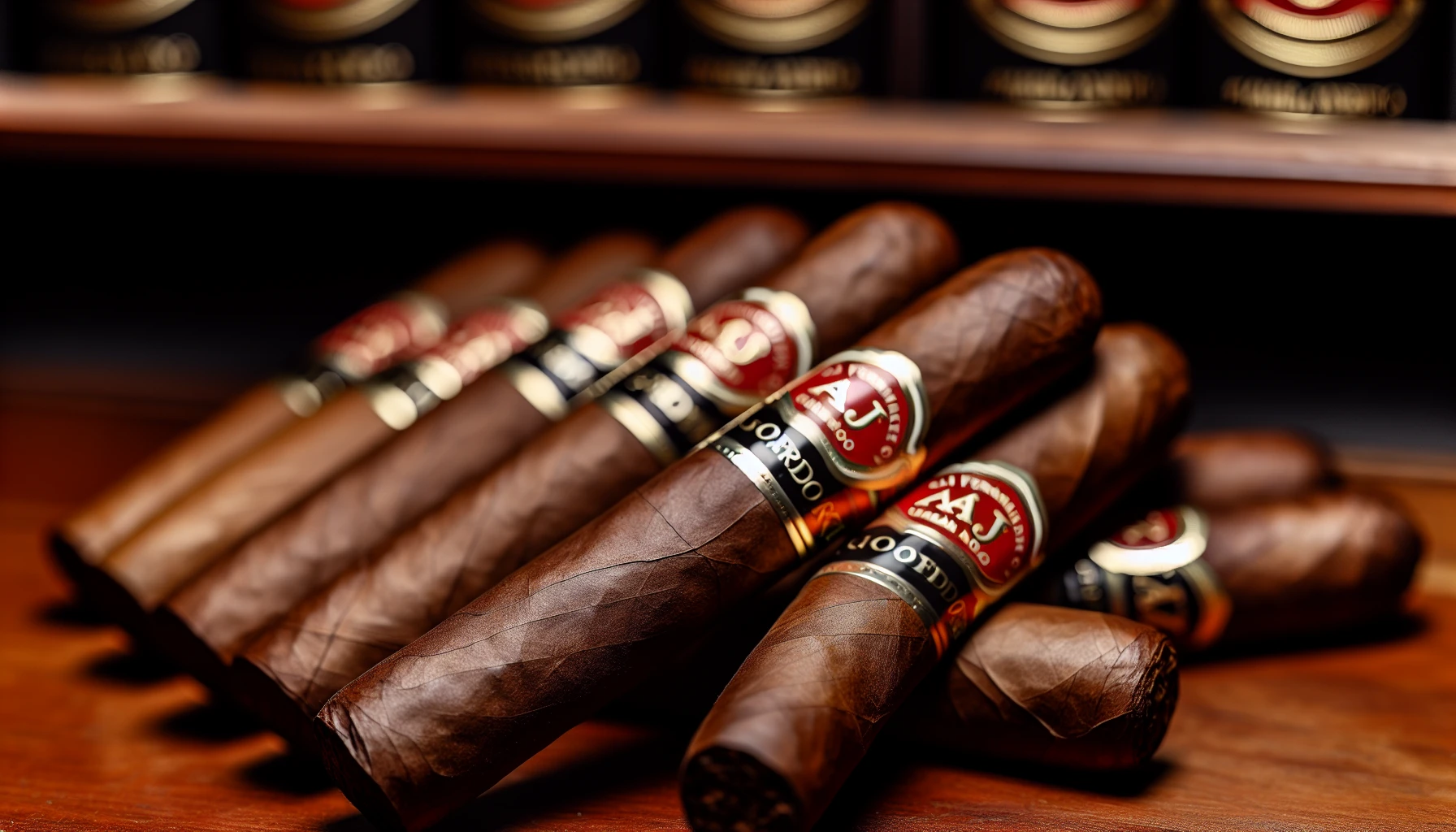 An assortment of AJ Fernandez Días de Gloria Gordo cigars with rich, dark wrappers