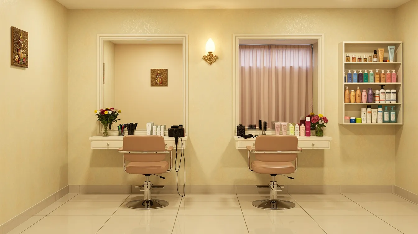 84ce9277 8e93 46d5 beb3 f140eb069c88 The image depicts a small, neat, and clean interior of an Indian beauty parlour, featuring stylish chairs and multiple mirrors reflecting a well-organized space. This inviting environment is ideal for business operations, particularly for small enterprises seeking financial assistance through schemes like the Mantri Mudra Yojana.
