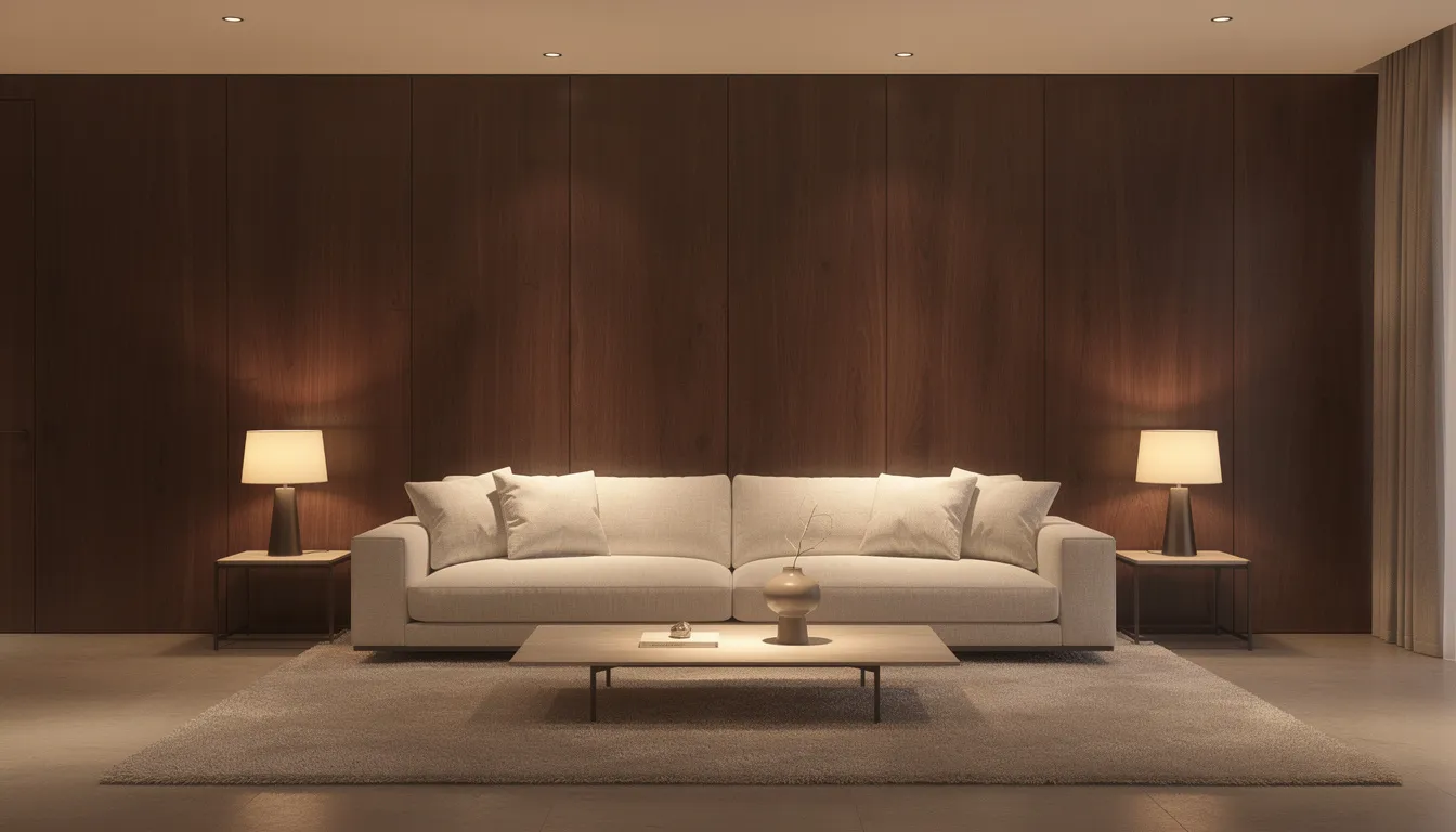 Een elegante woonkamer met donkere houten wandpanelen, een lichte bank en warme verlichting creëert een stijlvolle en gezellige sfeer. De strakke afwerking van de wandpanelen draagt bij aan de moderne uitstraling van de ruimte.