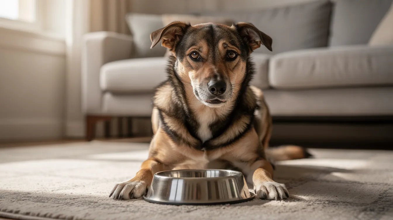 The image depicts an adult dog displaying resource guarding behavior over a food bowl, with a tense body posture and a low growl, indicating its possessiveness over the high-value resource. This scenario illustrates the importance of understanding dog body language and the need for proper management to address guarding issues.