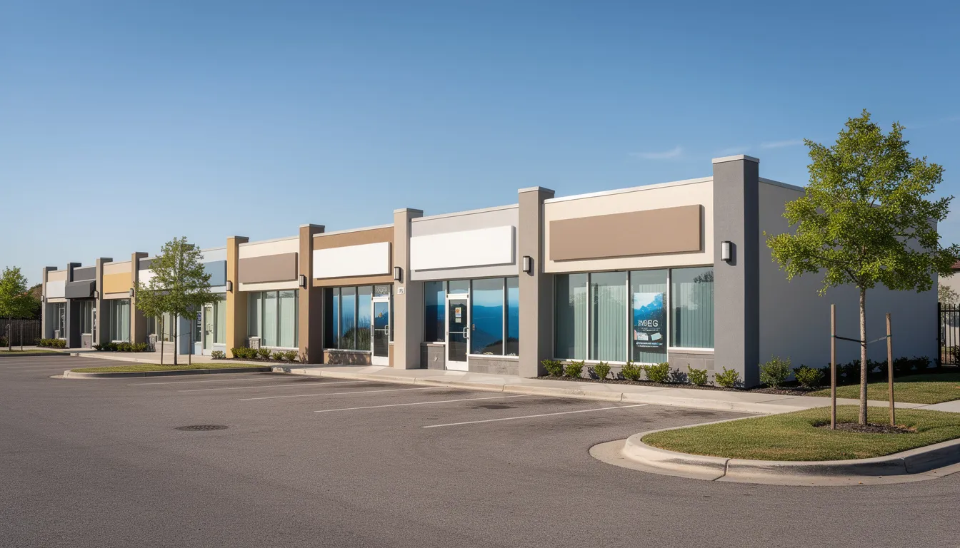 The image depicts a small strip mall featuring several storefronts, with no signs or words visible. This setting could represent a location where individuals might explore real estate investments, potentially considering rental properties for generating passive income and tax benefits.