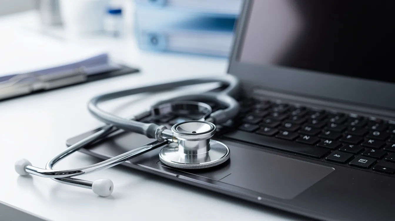 The image features a stethoscope resting on a laptop keyboard, symbolizing the integration of medical practices and technology in a clean healthcare setting. This visual emphasizes the importance of effective revenue cycle management and patient billing in ensuring efficient healthcare services.