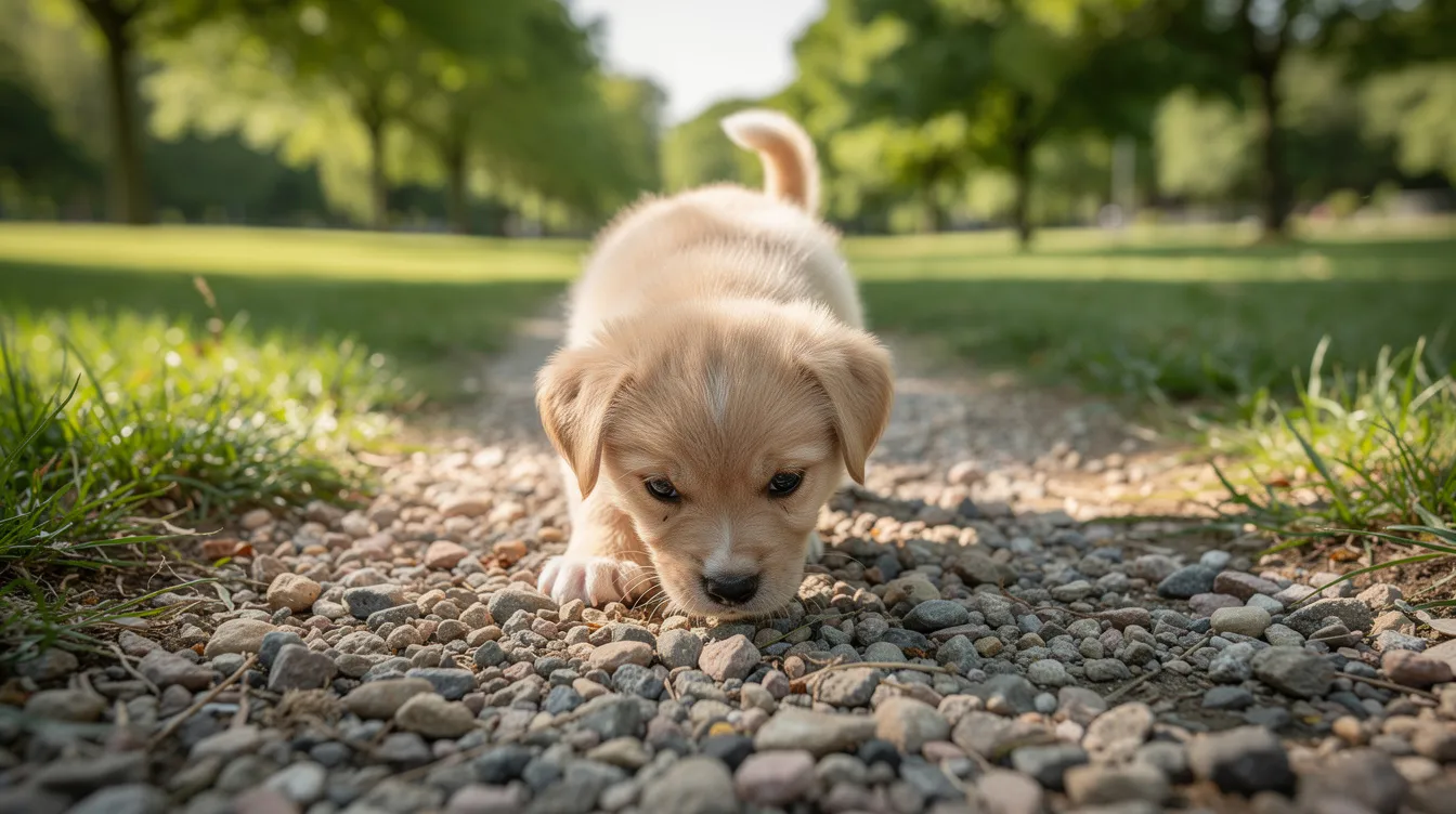 A young puppy is exploring a gravel path in a park surrounded by green grass and trees, showcasing relaxed body language as it encounters new experiences in its life. This moment highlights the importance of puppy socialization, allowing the pup to form positive associations with its environment and the various sounds and smells around it.