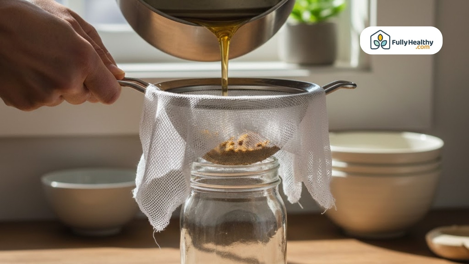 Straining clarified butter through cloth into glass jar