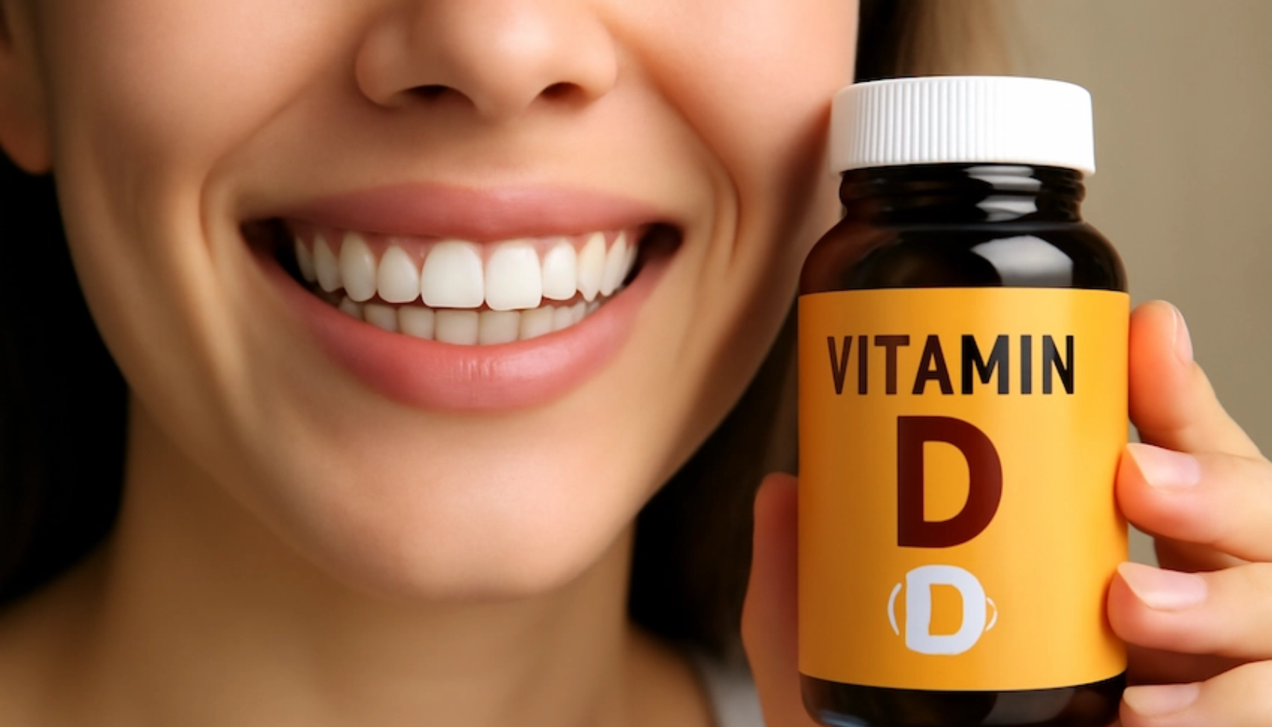Kvinne med hvitt smil holder en brun vitamin D-flaske med gul etikett og hvitt lokk i hånden."