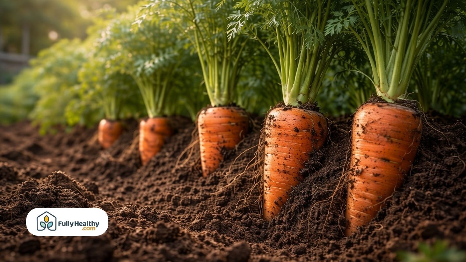 Mature carrots growing in loose soil with healthy green tops