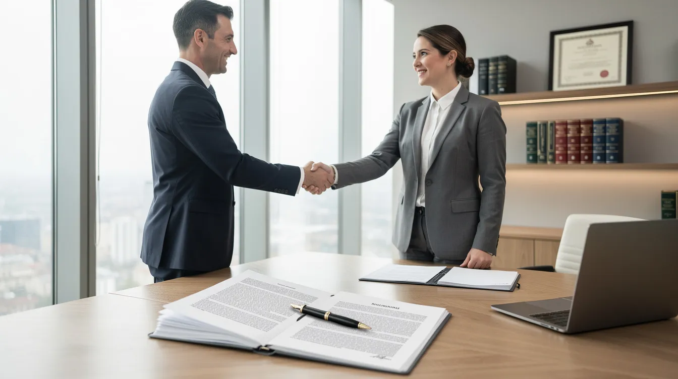 A professional shakes hands with a client in an office setting, surrounded by legal documents related to construction contracts. This scene highlights the importance of effective dispute resolution in the construction industry, where disagreements can arise over project costs and contractual obligations.