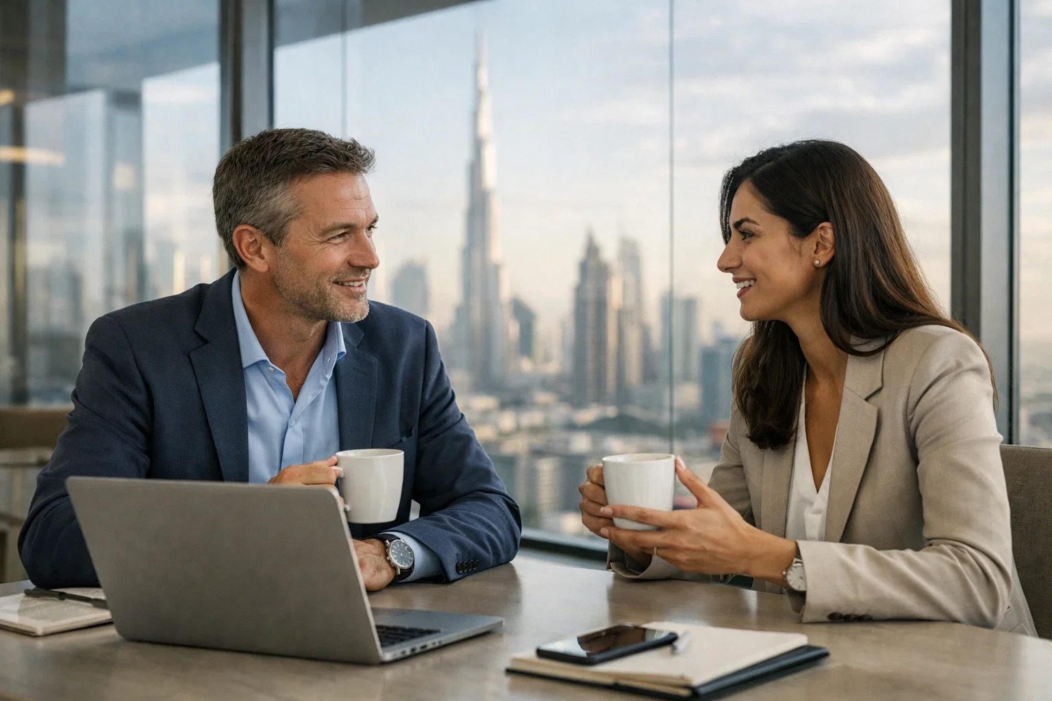 Business professionals meeting in a modern Dubai office with skyline view, discussing expansion opportunities