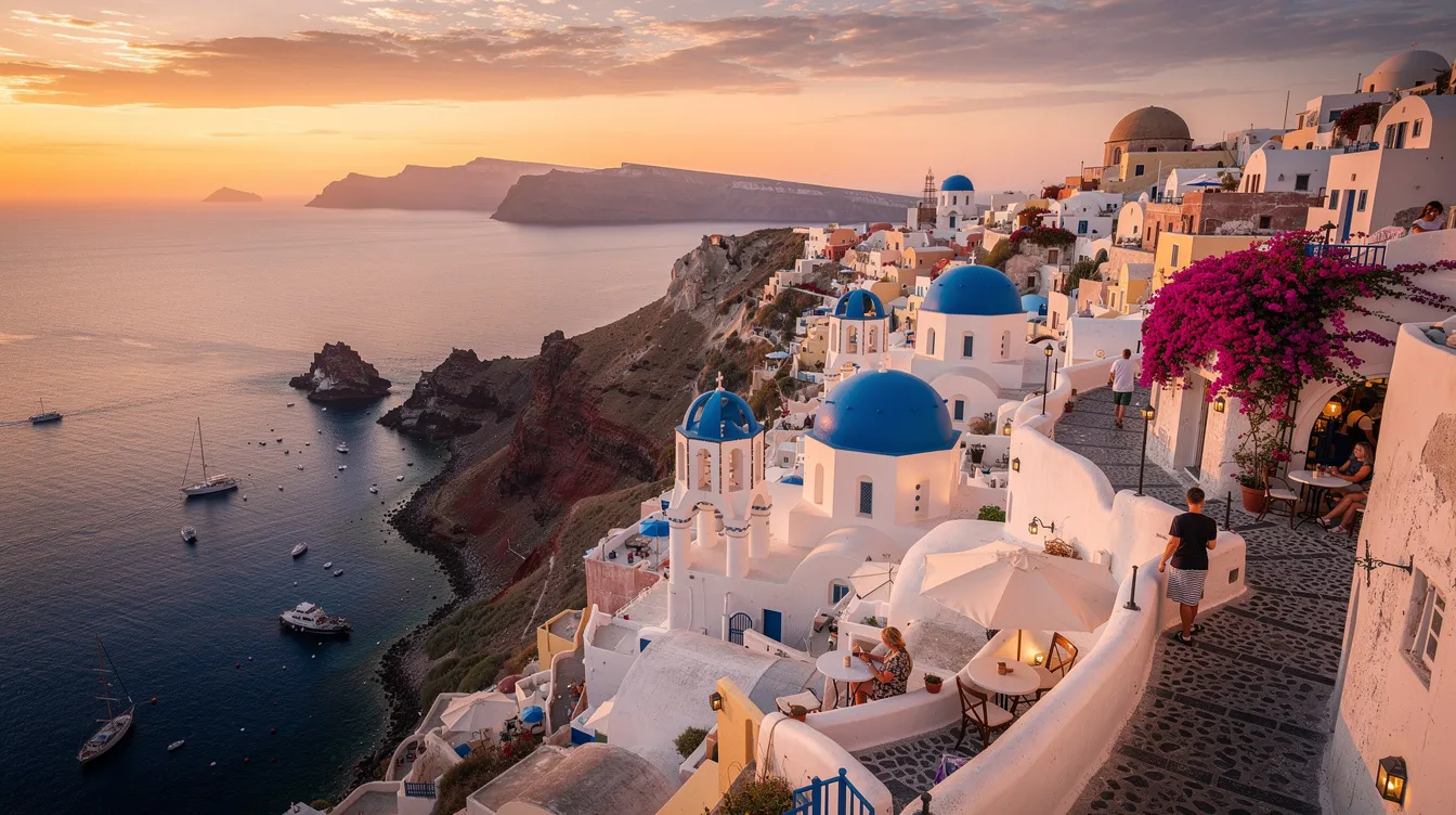 A imagem mostra a deslumbrante ilha de Santorini, na Grécia, com suas casas brancas e janelas azuis, cercadas pelo mar Egeu. Este destino é famoso por suas vistas panorâmicas e rica história, atraindo viajantes em busca de cultura e belas paisagens.