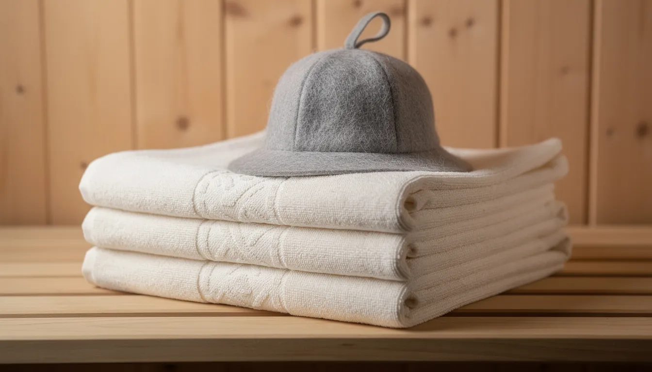 A stack of neatly folded natural cotton sauna towels is placed in a sauna room, topped with a wool felt sauna hat, showcasing essential accessories for a relaxing sauna experience. This setup is perfect for enhancing your sauna sessions and enjoying the health benefits of high temperatures and steam.