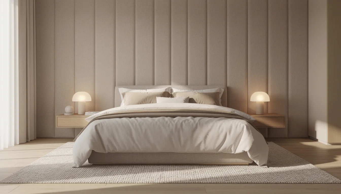 Een serene slaapkamer met zachte textiel wandbekleding in een zandtint, die elegant achter een groot bed met luxe beddengoed is geplaatst. De warme uitstraling van de muren, gemaakt van rijke materialen, draagt bij aan de rustgevende sfeer van de ruimte.